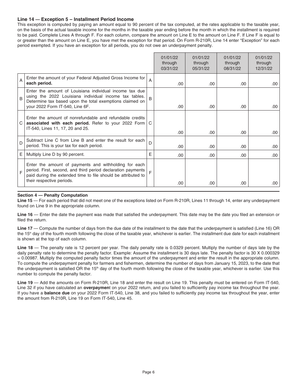 Instructions for Form R-210R Underpayment of Individual Income Tax Penalty Computation - Resident Filers - Louisiana, Page 6
