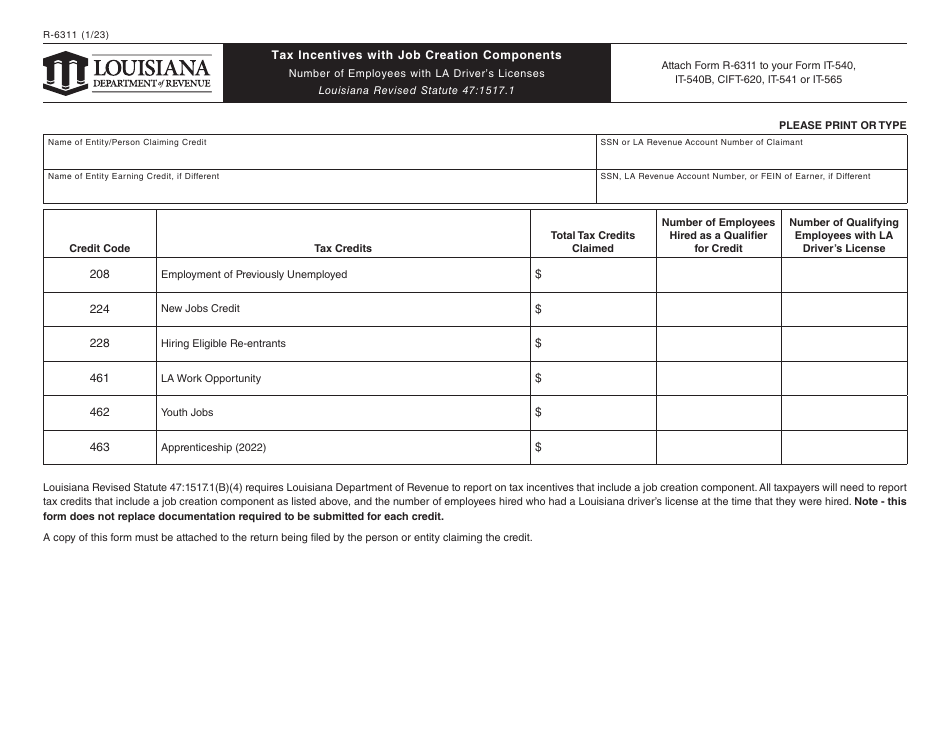Form R-6311 Tax Incentives With Job Creation Components - Louisiana, Page 1