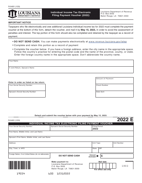 Document preview: Form R-540V Individual Income Tax Electronic Filing Payment Voucher - Louisiana