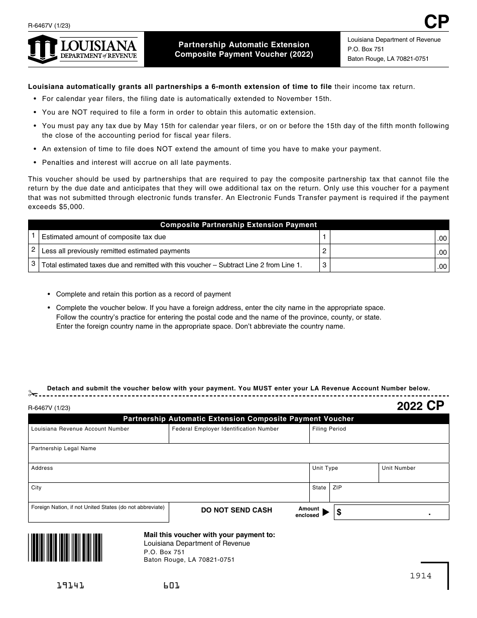 Form R-6467V Partnership Automatic Extension Composite Payment Voucher - Louisiana, Page 1