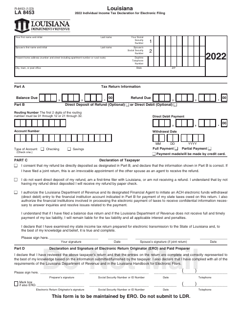 Form R-8453 (LA8453) Individual Income Tax Declaration for Electronic Filing - Louisiana, 2022