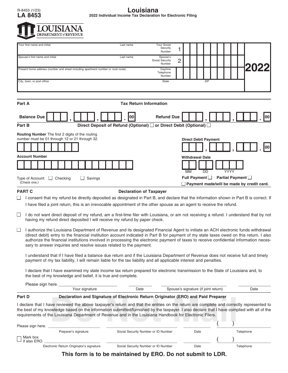 Form R-8453 (LA8453) Individual Income Tax Declaration for Electronic Filing - Louisiana, Page 1