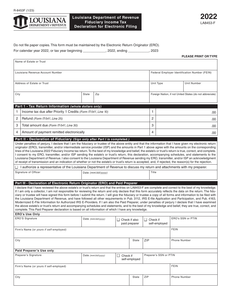 Form R-8453F (LA8453-F) Fiduciary Income Tax Declaration for Electronic Filing - Louisiana, Page 1