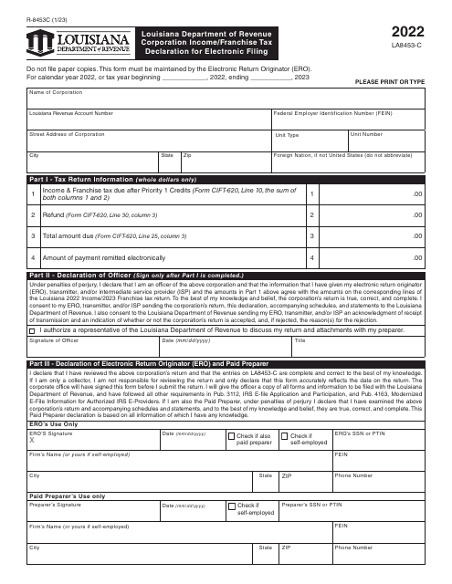 Form R-8453C (LA8453-C) Corporation Income/Franchise Tax Declaration for Electronic Filing - Louisiana, 2022