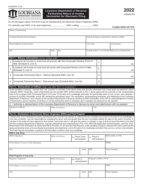Form R-8453PE (LA8453-PE) Partnership Return of Income Declaration for Electronic Filing - Louisiana, 2022