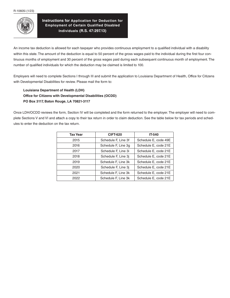 Form R-10605 Application for Deduction for Employment of Certain Qualified Disabled Individuals - Louisiana, Page 2
