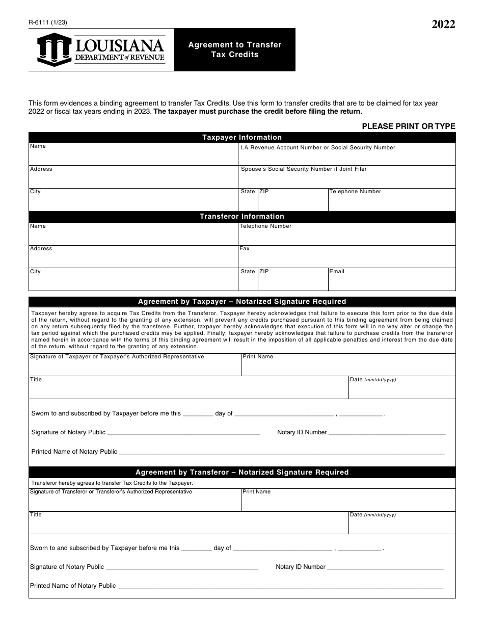Form RI-6111 Agreement to Transfer Tax Credits - Louisiana, Page 1