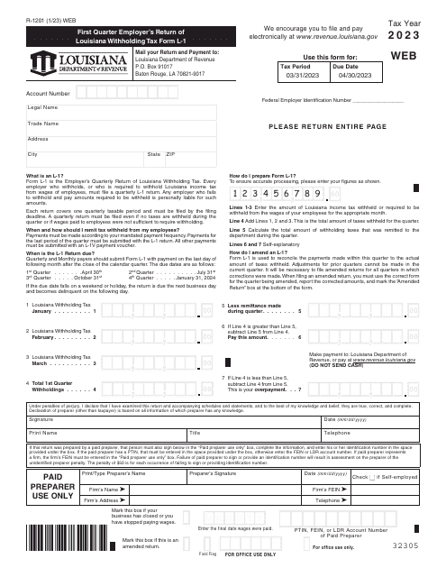 Form L-1 (R-1201) First Quarter Employer's Return of Louisiana Withholding Tax - Louisiana, 2023