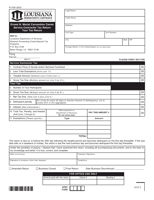 Form R-1030 Ernest N. Morial Convention Center Service Contractor Tax Return Tour Tax Return - Louisiana