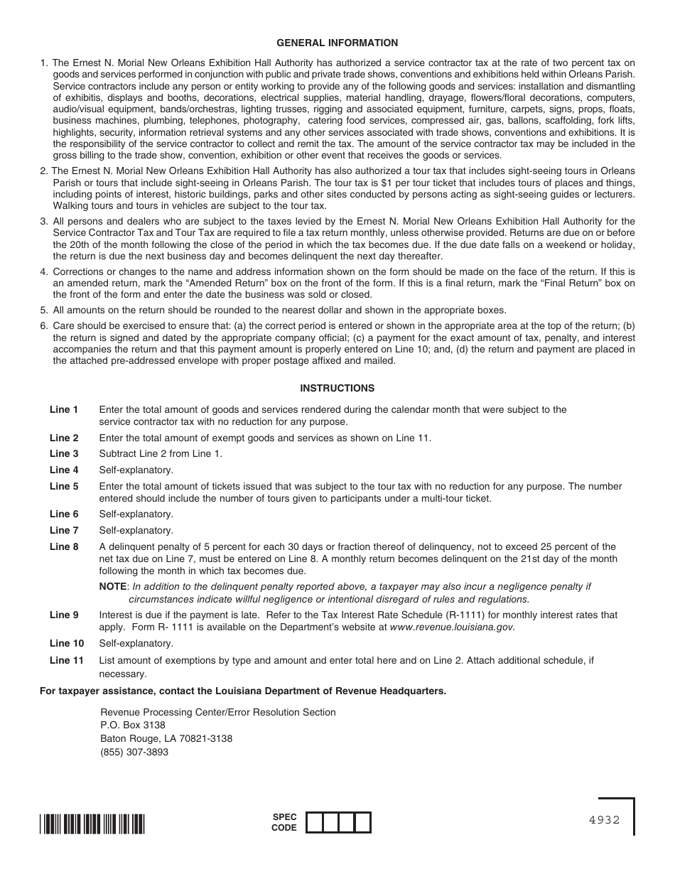 Form R-1030 Ernest N. Morial Convention Center Service Contractor Tax Return Tour Tax Return - Louisiana, Page 2