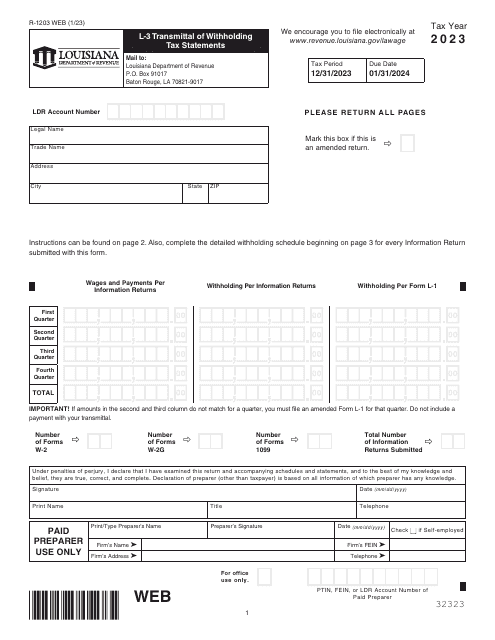 Form L-3 (R-1203) Transmittal of Withholding Tax Statements - Louisiana, 2023