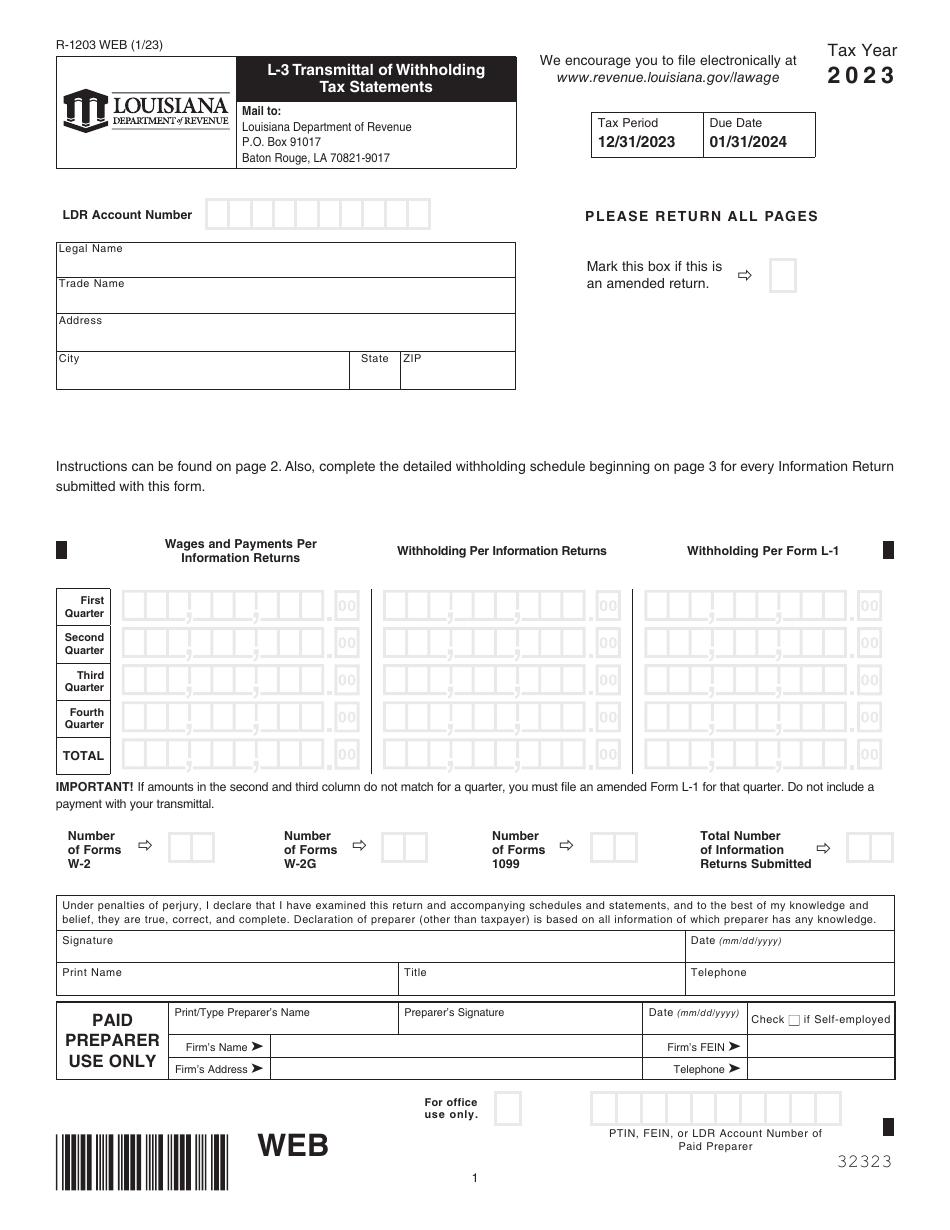 Form L-3 (R-1203) Transmittal of Withholding Tax Statements - Louisiana, Page 1