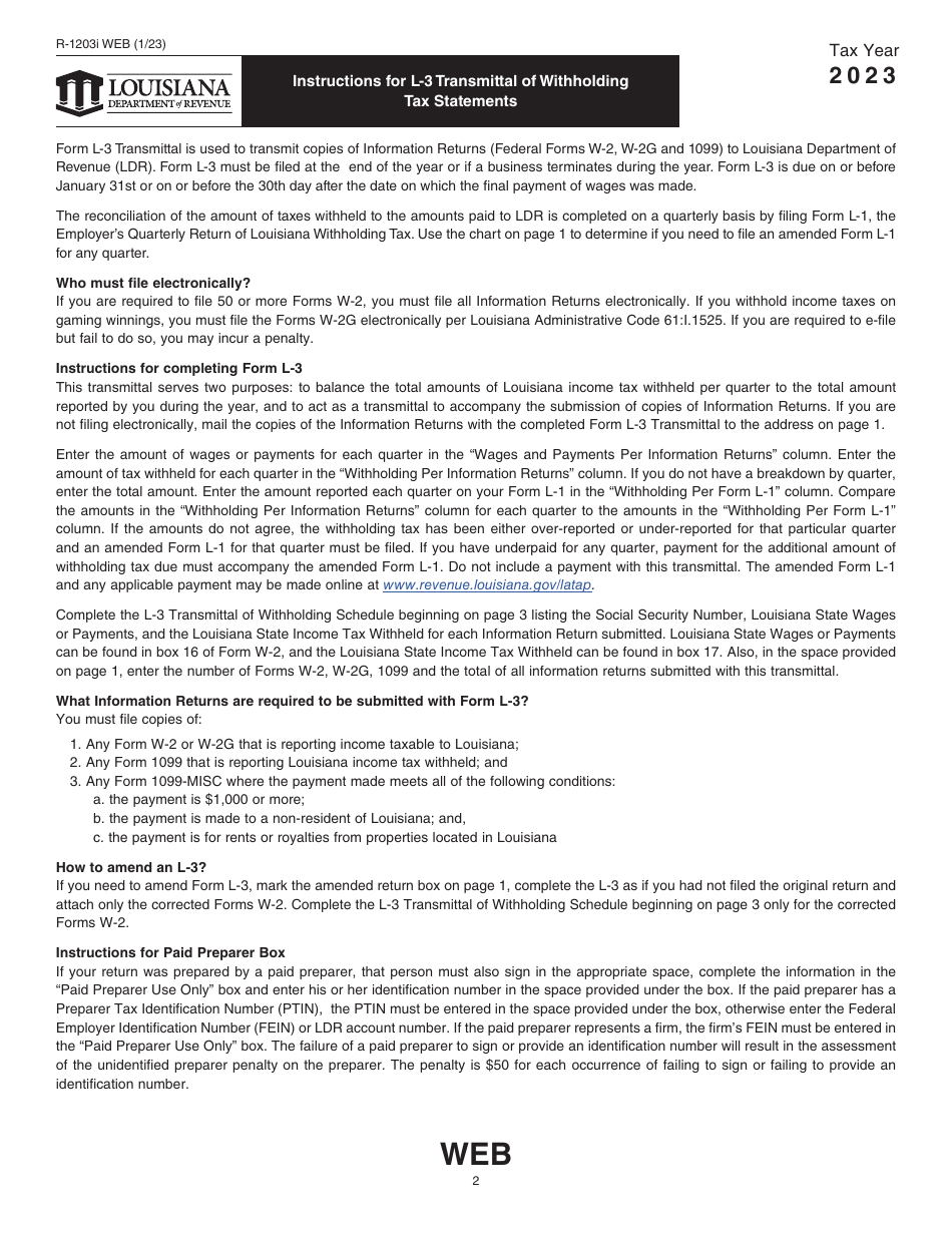 Form L-3 (R-1203) Transmittal of Withholding Tax Statements - Louisiana, Page 2