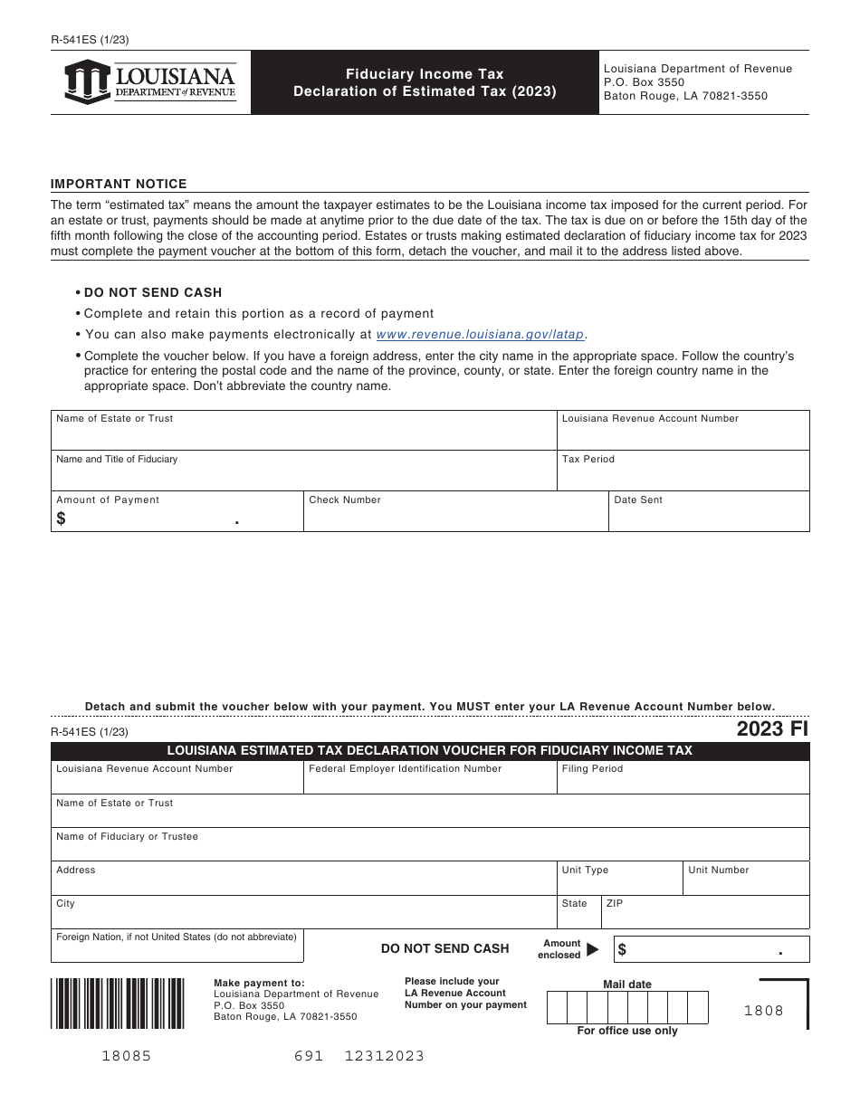Form R-541ES Fiduciary Income Tax Declaration of Estimated Tax - Louisiana, Page 1