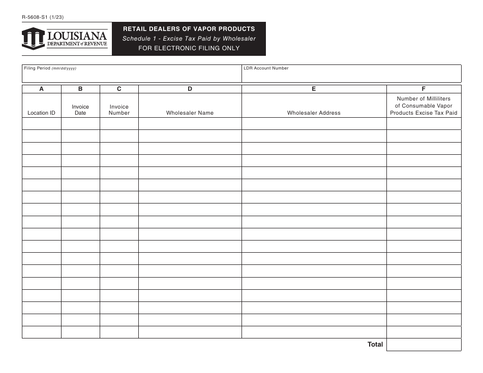 Form R-5608-S1 Schedule 1 Retail Dealers of Vapor Products - Excise Tax Paid by Wholesaler - Louisiana, Page 1