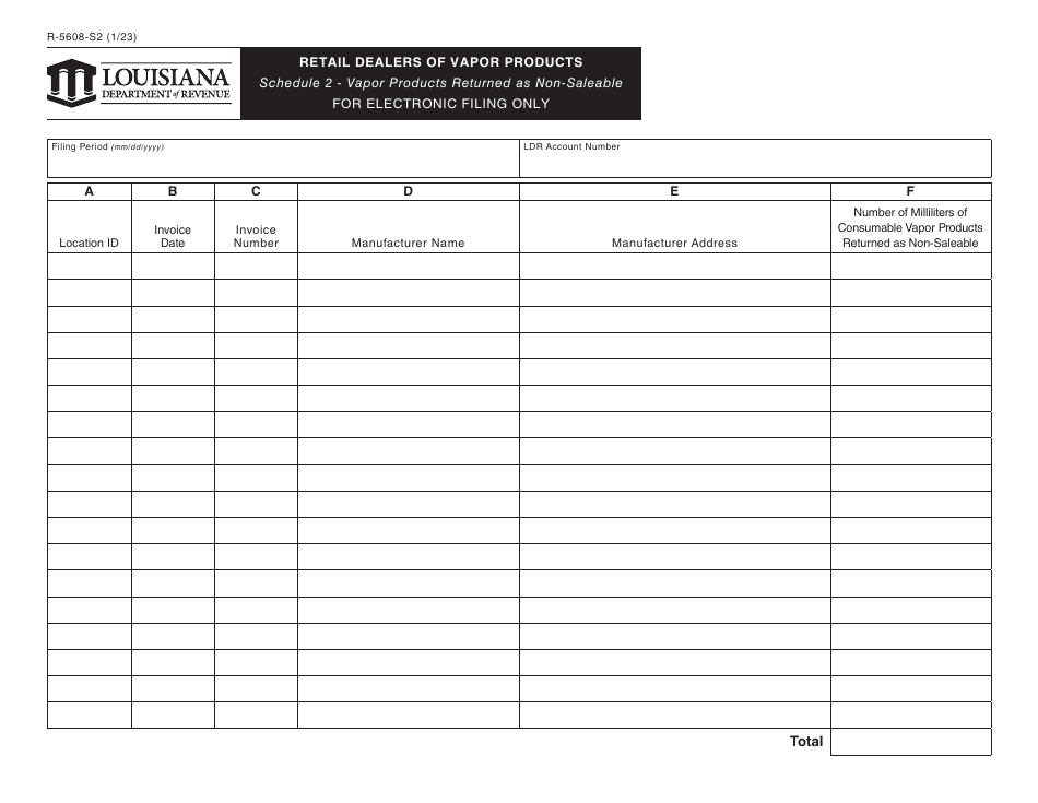 Form R-5608-S2 Schedule 2 Retail Dealers of Vapor Products - Vapor Products Returned as Non-saleable - Louisiana, Page 1