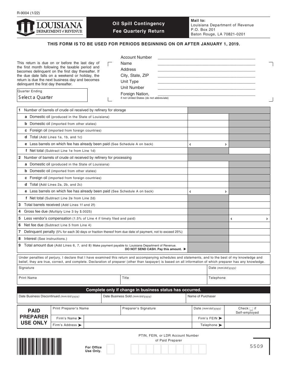 Form R-9004 Oil Spill Contingency Fee Quarterly Return - Louisiana, Page 1