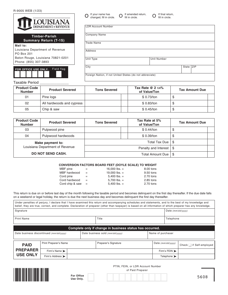 Form R-9005 (T-1S) Timber-Parish Summary Return - Louisiana, Page 1