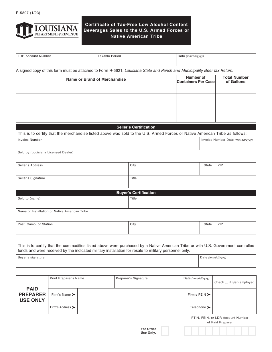 Form R-5807 Certificate of Tax-Free Low Alcohol Content Beverages Sales to the U.S. Armed Forces or Native American Tribe - Louisiana, Page 1