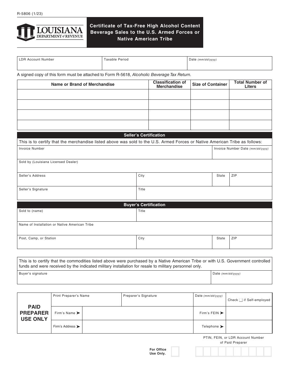 Form R-5806 Certificate of Tax-Free High Alcohol Content Beverages Sales to the U.S. Armed Forces or Native American Tribe - Louisiana, Page 1