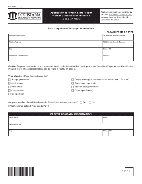 Form R-68012 Application for Fresh Start Proper Worker Classification Initiative - Louisiana