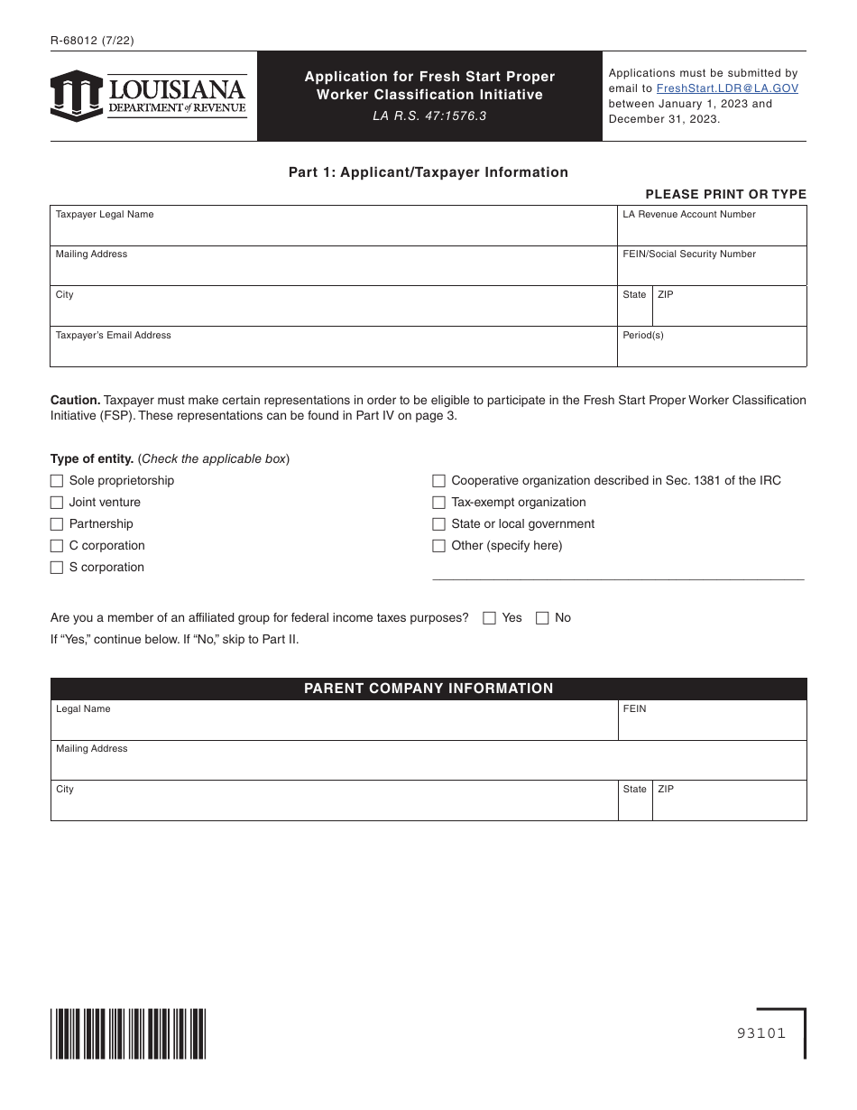 Form R-68012 Application for Fresh Start Proper Worker Classification Initiative - Louisiana, Page 1