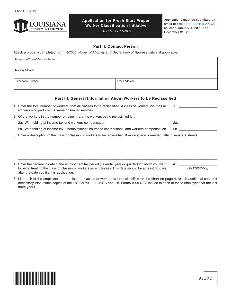 Form R-68012 Application for Fresh Start Proper Worker Classification Initiative - Louisiana, Page 2