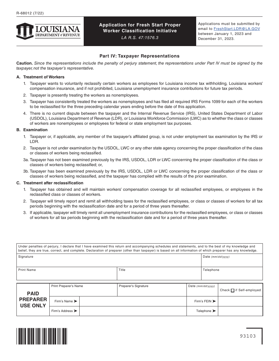 Form R-68012 Application for Fresh Start Proper Worker Classification Initiative - Louisiana, Page 3