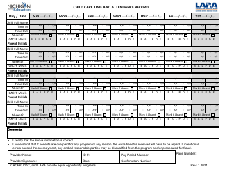 Document preview: Child Care Time and Attendance Record - Michigan, 2023