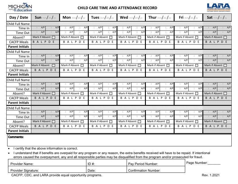 2023 Michigan Child Care Time And Attendance Record Download Printable 