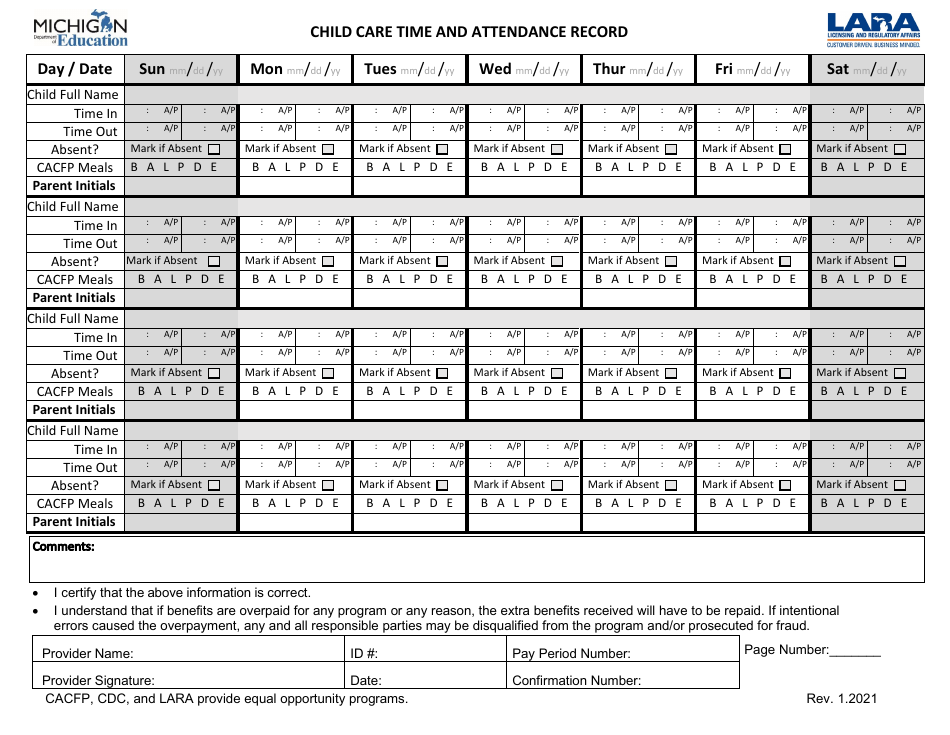 Child Care Time and Attendance Record - Michigan, Page 1