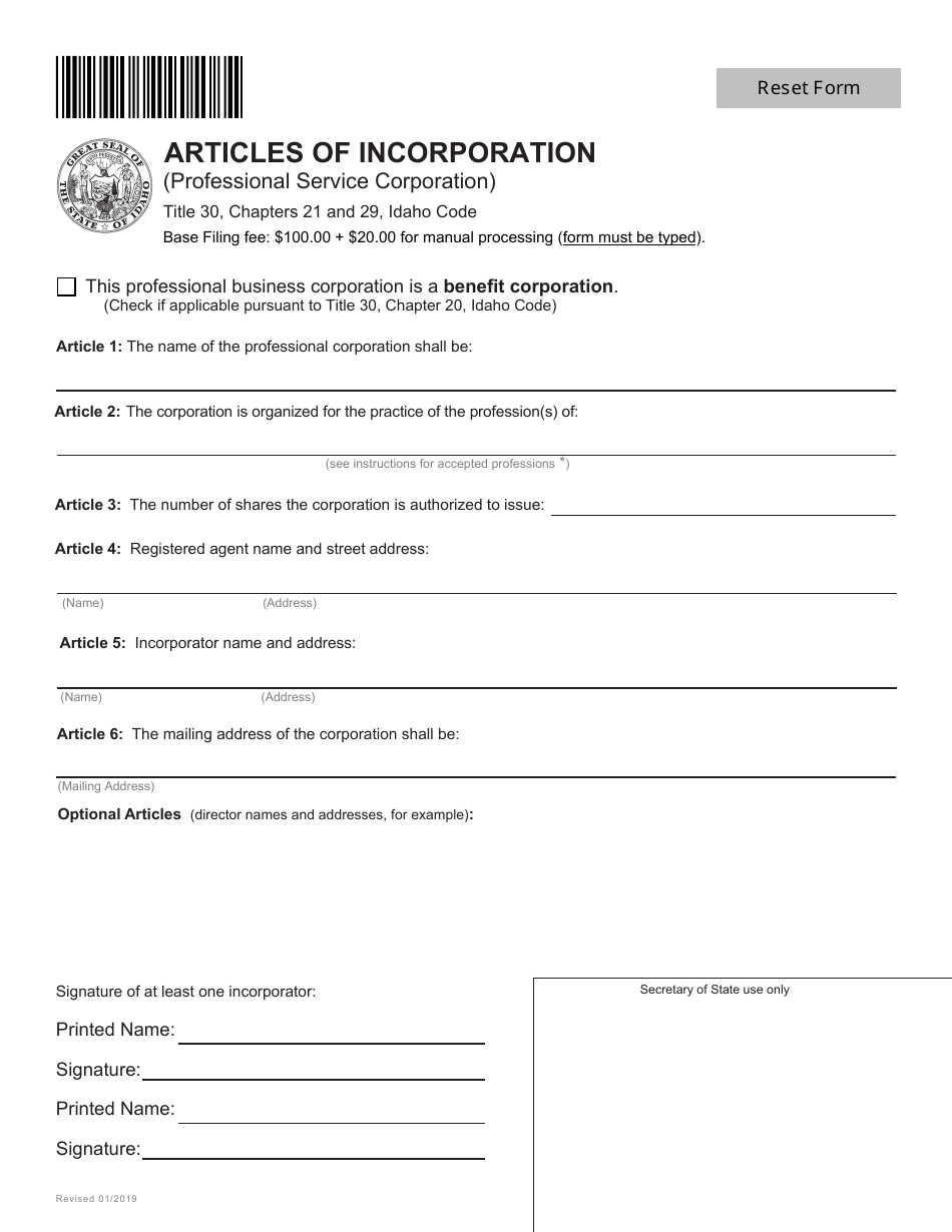 Articles of Incorporation (Professional Service Corporation) - Idaho, Page 1