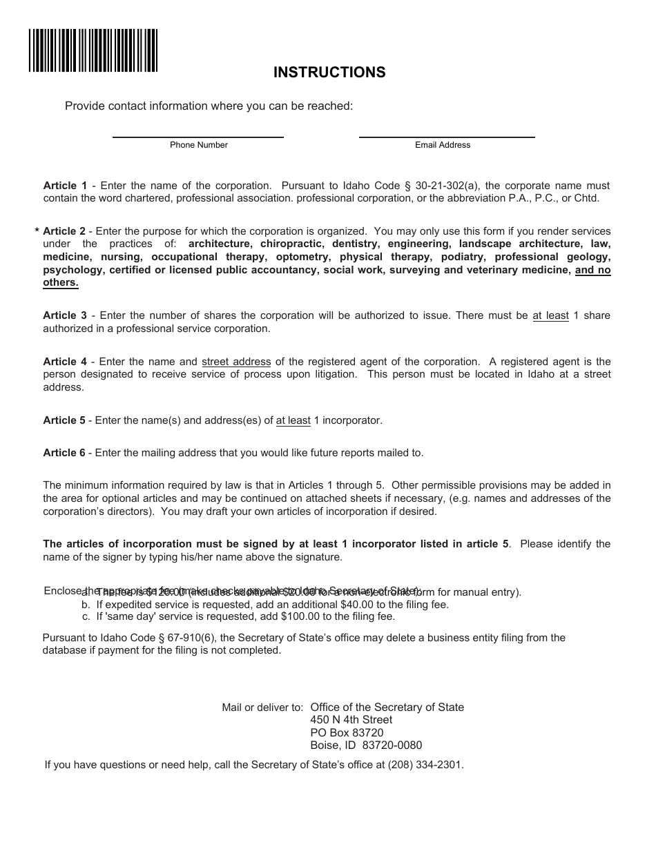Articles of Incorporation (Professional Service Corporation) - Idaho, Page 2