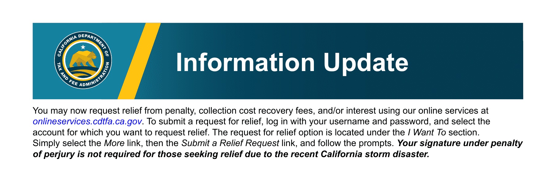 Form CDTFA-735 Request for Relief From Penalty, Collection Cost Recovery Fee, and/or Interest - California