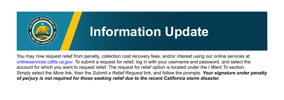 Form CDTFA-735 Request for Relief From Penalty, Collection Cost Recovery Fee, and / or Interest - California, Page 1