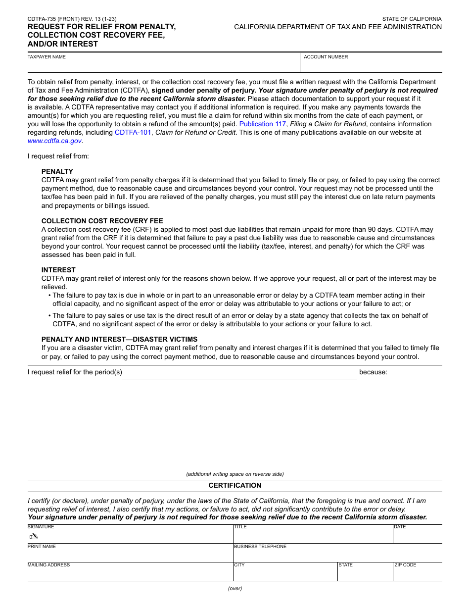 Form Cdtfa Download Fillable Pdf Or Fill Online Request For Relief