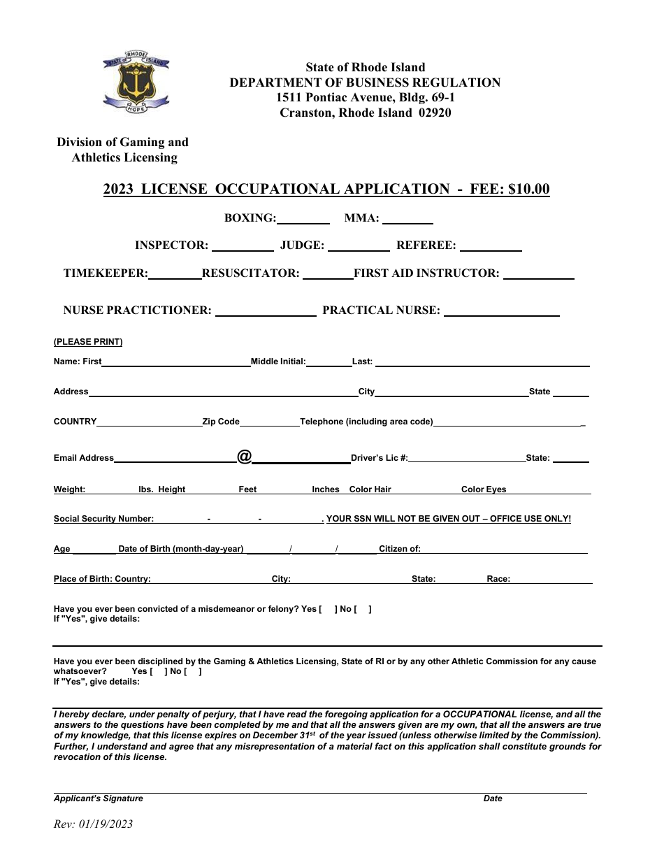 License Occupational Application - Rhode Island, Page 1