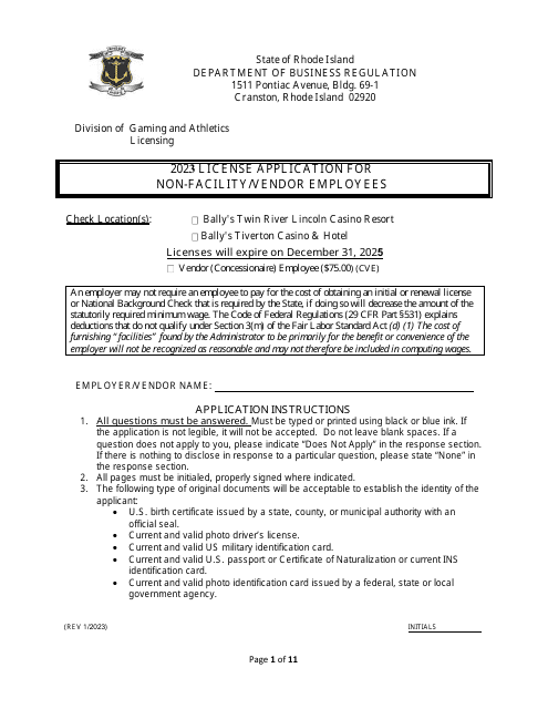License Application for Non-facility/Vendor Employees - Rhode Island, 2023