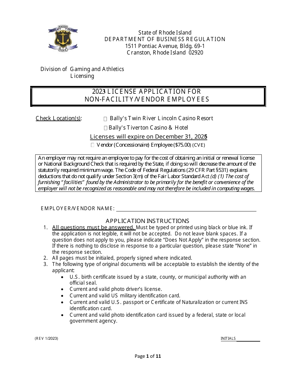License Application for Non-facility / Vendor Employees - Rhode Island, Page 1