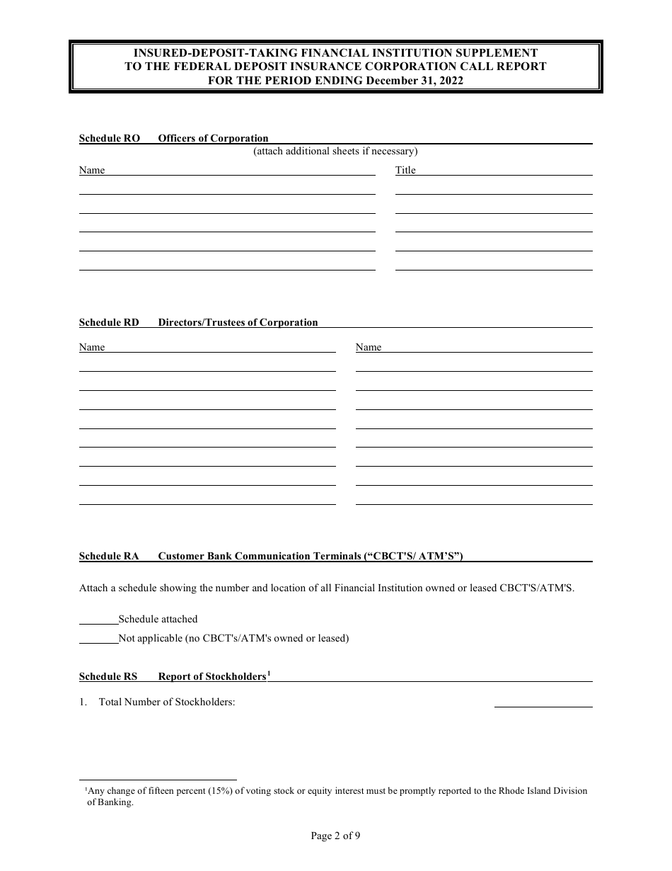 Insured Deposit Taking Financial Institution Call Report - Rhode Island, Page 2