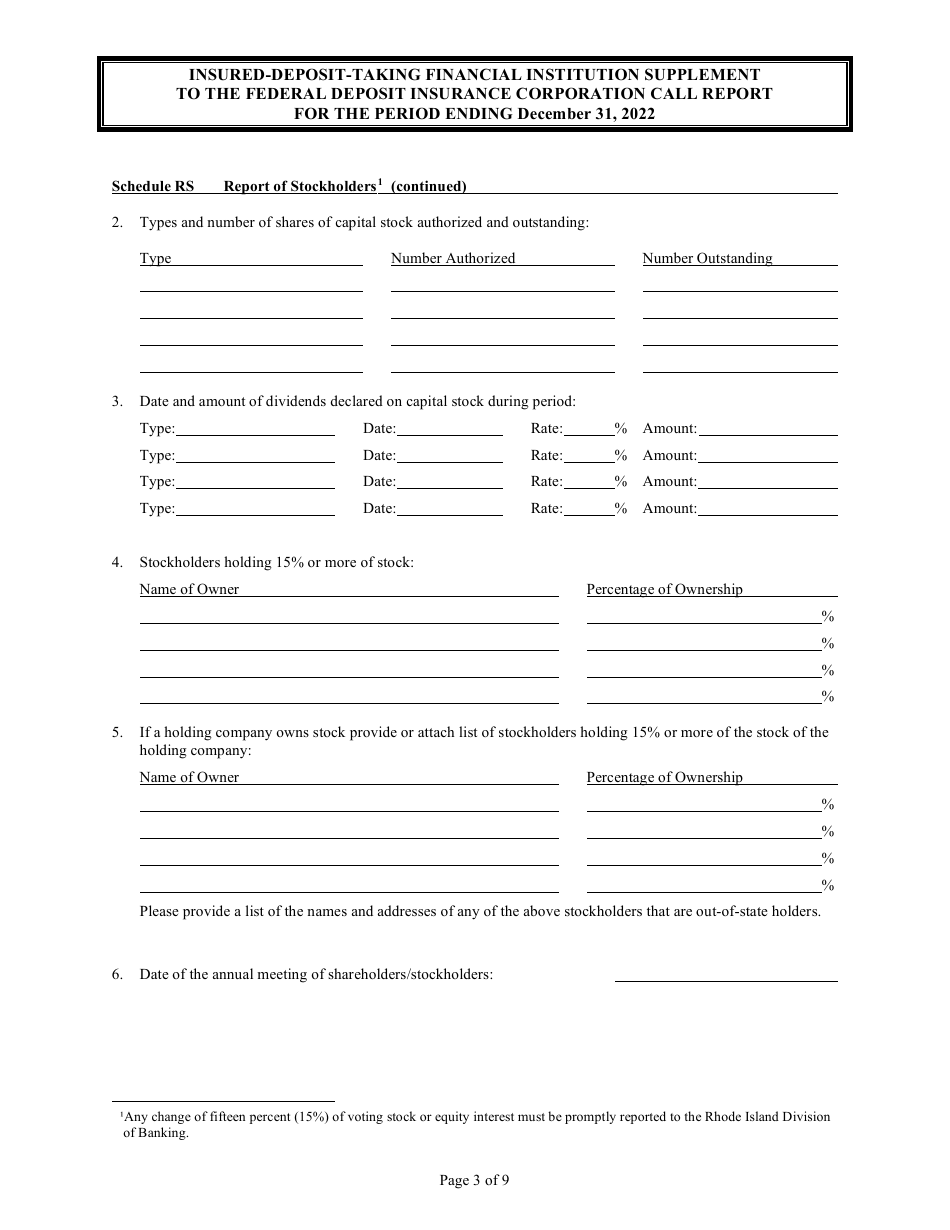 Insured Deposit Taking Financial Institution Call Report - Rhode Island, Page 3