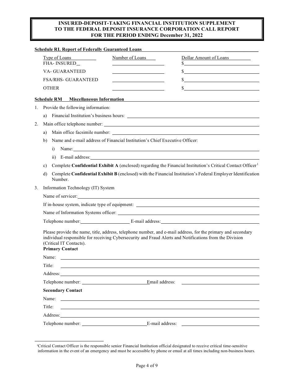 Insured Deposit Taking Financial Institution Call Report - Rhode Island, Page 4