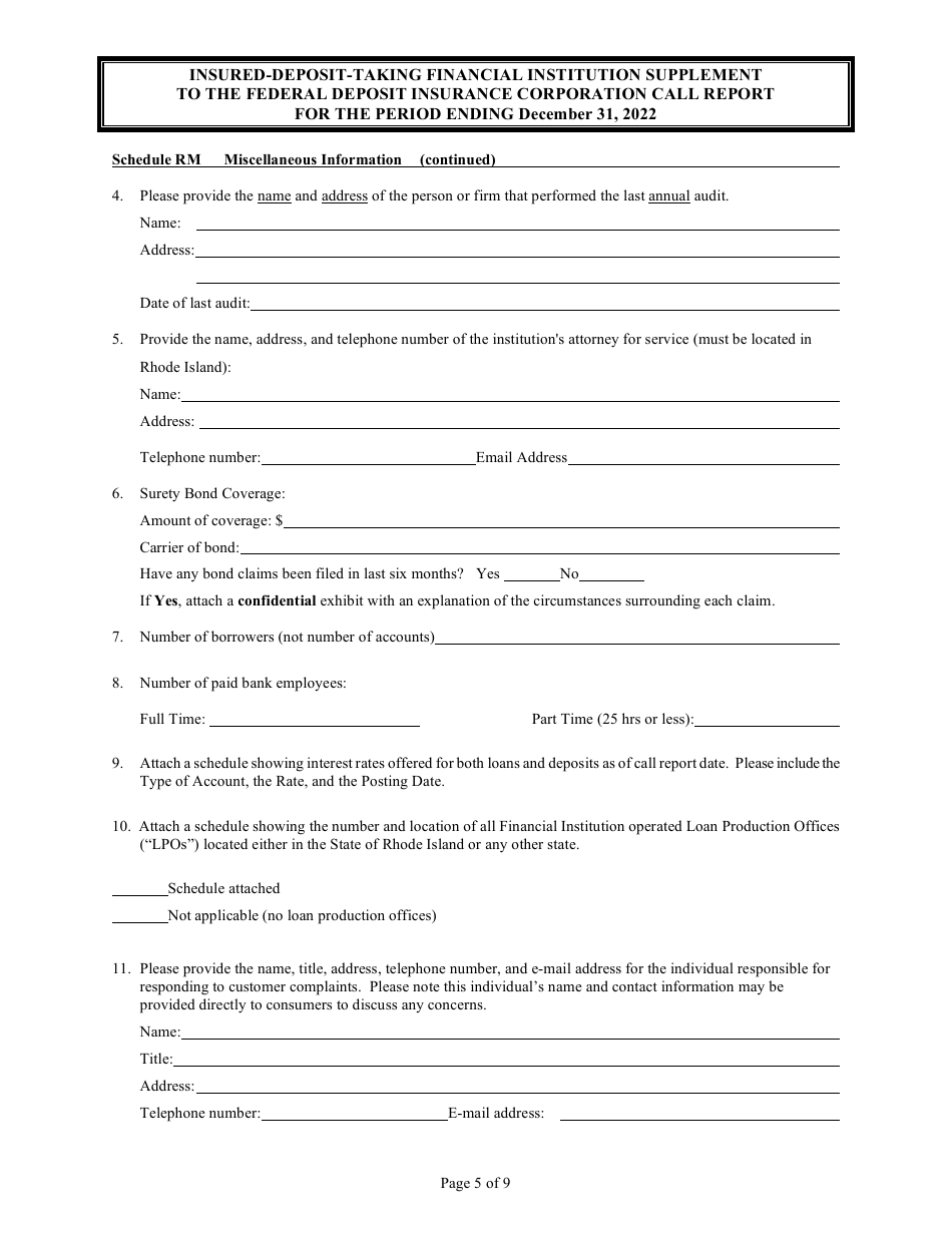 Insured Deposit Taking Financial Institution Call Report - Rhode Island, Page 5