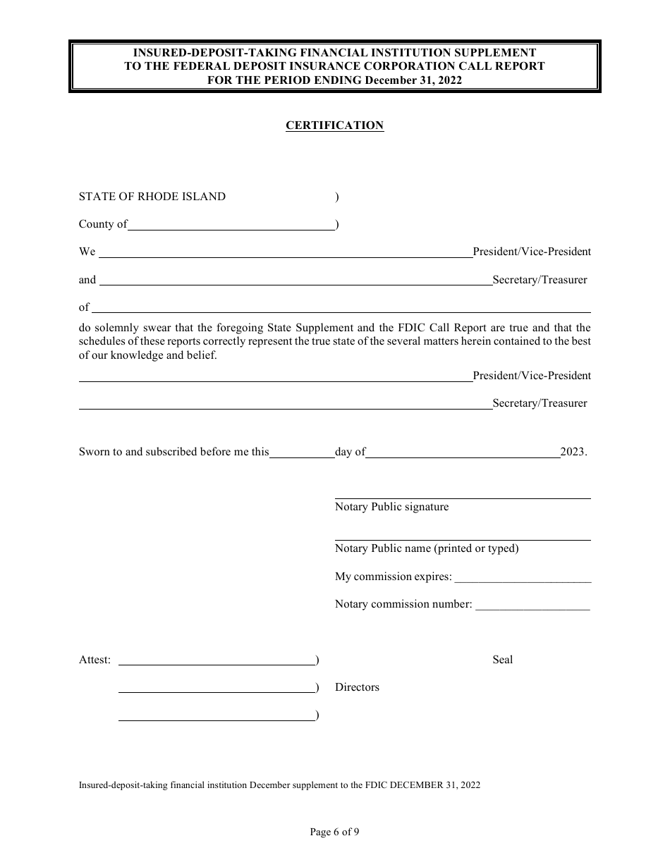 Insured Deposit Taking Financial Institution Call Report - Rhode Island, Page 6