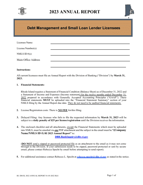 Form RI-DM SL Debt Management and Small Loan Lender Licensees Annual Report - Rhode Island, 2023