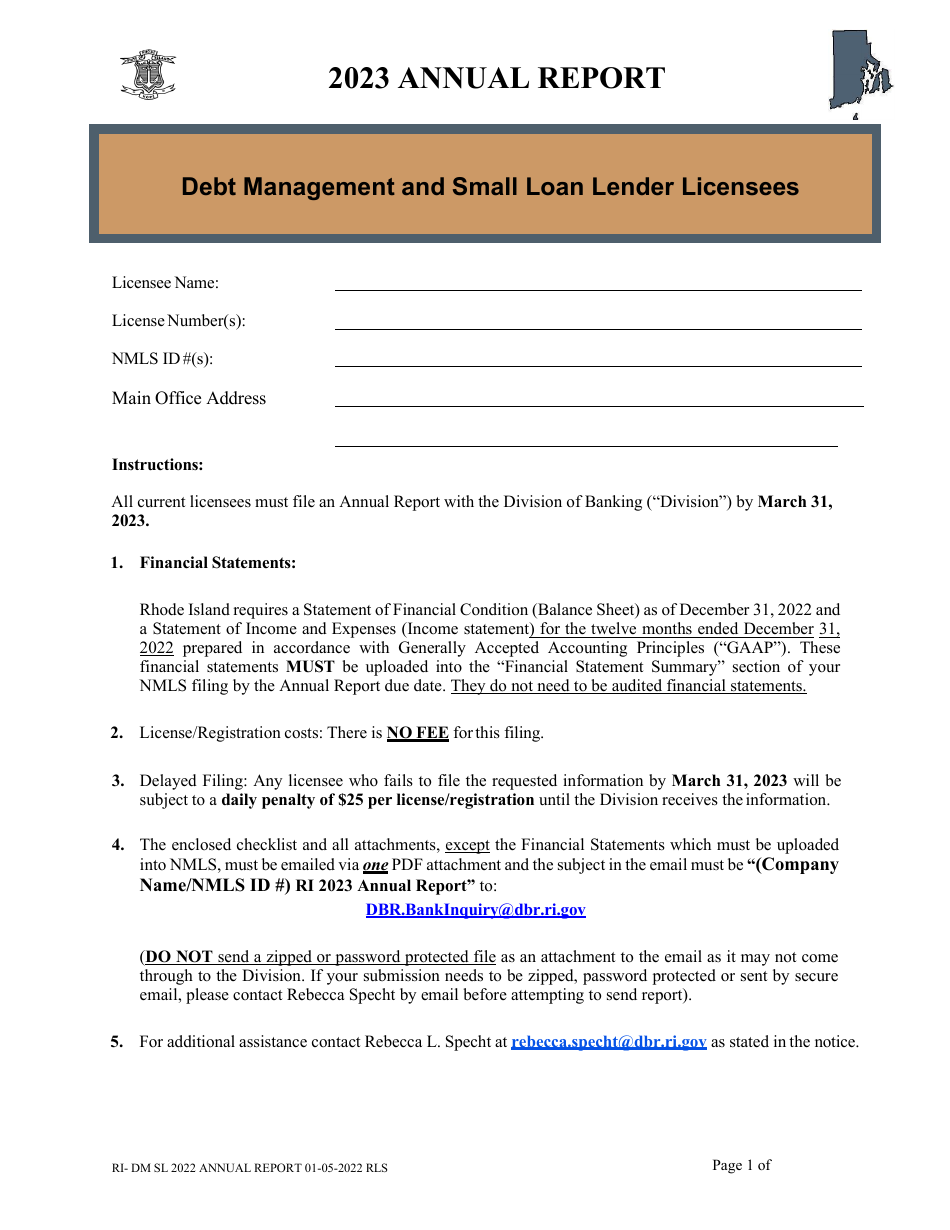 Form RI-DM SL Debt Management and Small Loan Lender Licensees Annual Report - Rhode Island, Page 1