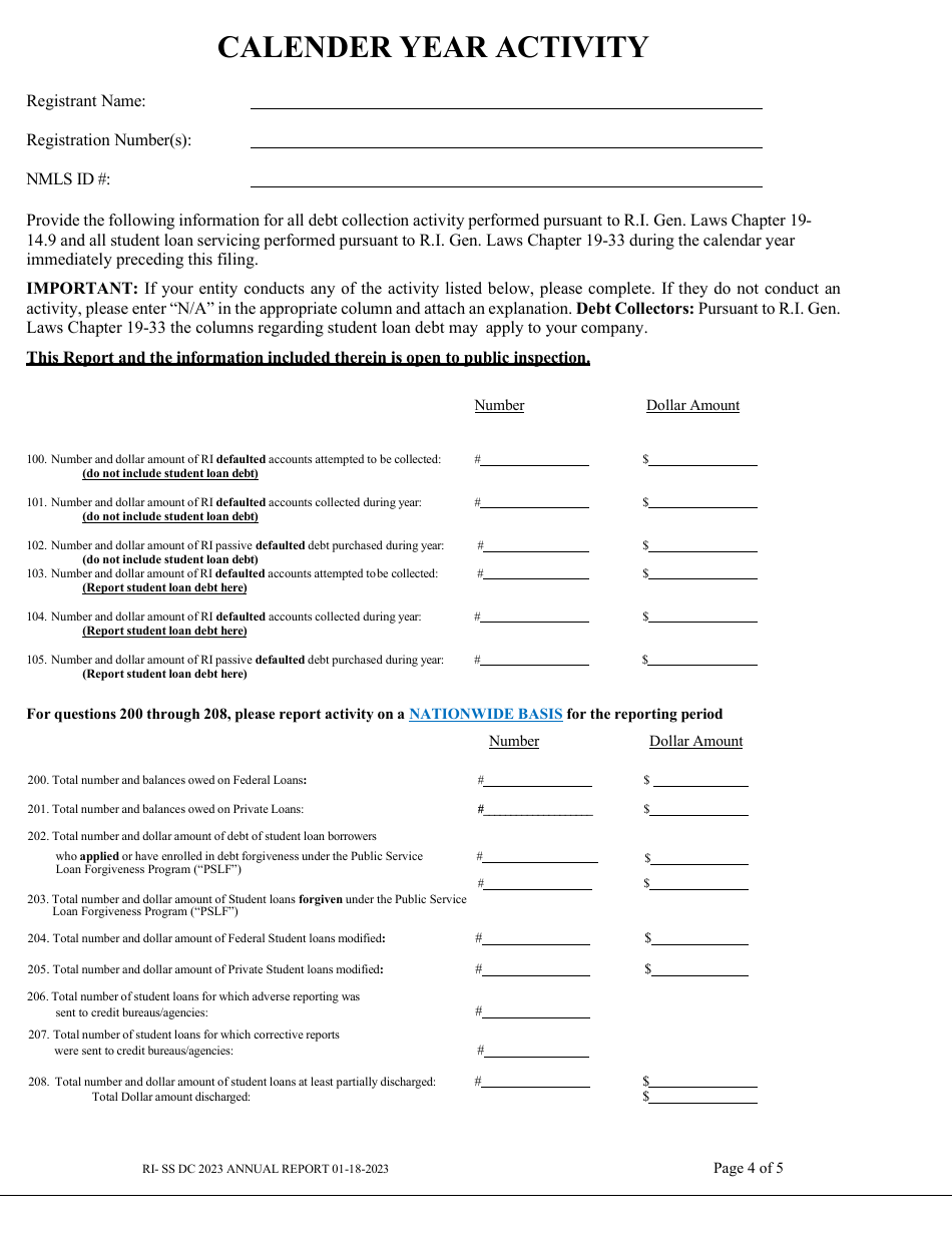 Form RI-SS DC Student Loan Servicers and Debt Collector Registrations Annual Report - Rhode Island, Page 4