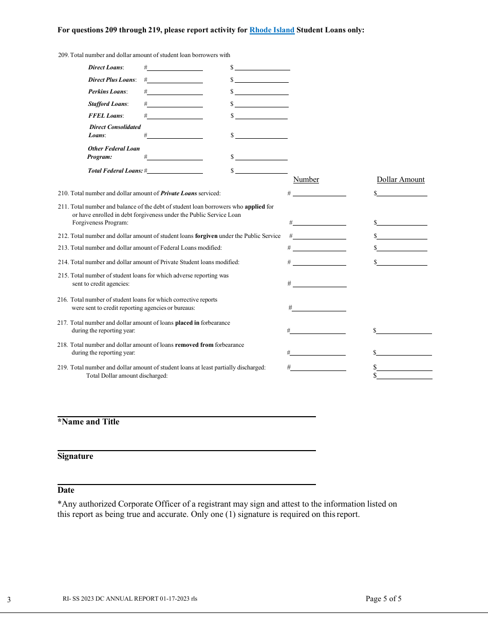 Form RI-SS DC Student Loan Servicers and Debt Collector Registrations Annual Report - Rhode Island, Page 5