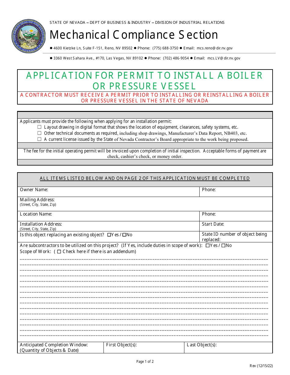 Application for Permit to Install a Boiler or Pressure Vessel - Nevada, Page 1