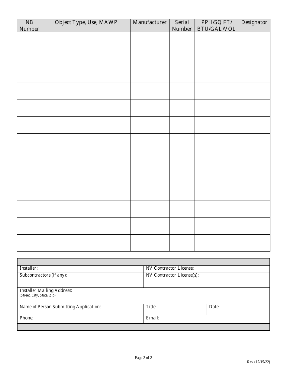 Application for Permit to Install a Boiler or Pressure Vessel - Nevada, Page 2